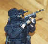 One of the first series of Blue Box figures with the cammied up face, going on patrol in the hallway and threatening the cat.  Mainly Owl's gear with Dragon silenced MP5 and SOCOM pistol.